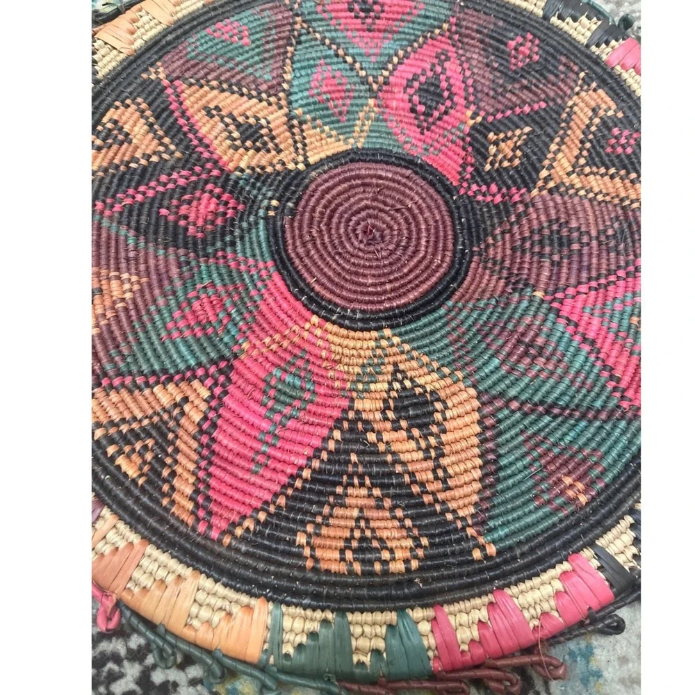 Vtg African Coiled Flat Baskets Set 4 Mismatched Geometric‎ Boho Trays Placemats
